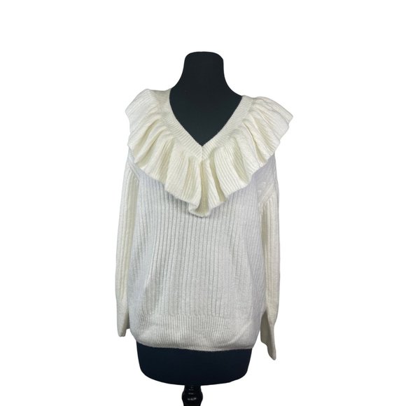 Cece Ivory Long Sleeve Oversized Ruffled V-Neck Pullover Sweater Size M - Picture 1 of 6